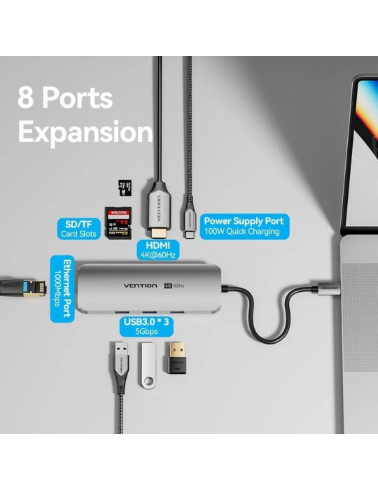 Docking USB Tipo-C Vention TQKHB/ 1xHDMI 4K/ 3xUSB/ 1xUSB Tipo-C PD/ 1xRJ45/ 1xLector de Tarjetas/ Gris