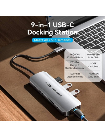 Docking USB Tipo-C Vention TQLHB/ 1xHDMI 4K/ 3xUSB/ 1xUSB Tipo-C PD/ 1xRJ45/ 1xJack 3.5mm/ 1xLector de Tarjetas/ Gris 2