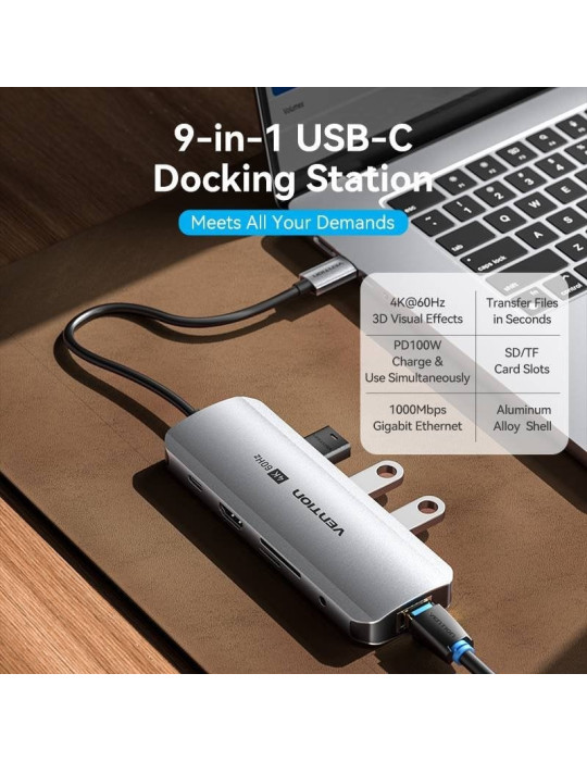 Docking USB Tipo-C Vention TQLHB/ 1xHDMI 4K/ 3xUSB/ 1xUSB Tipo-C PD/ 1xRJ45/ 1xJack 3.5mm/ 1xLector de Tarjetas/ Gris