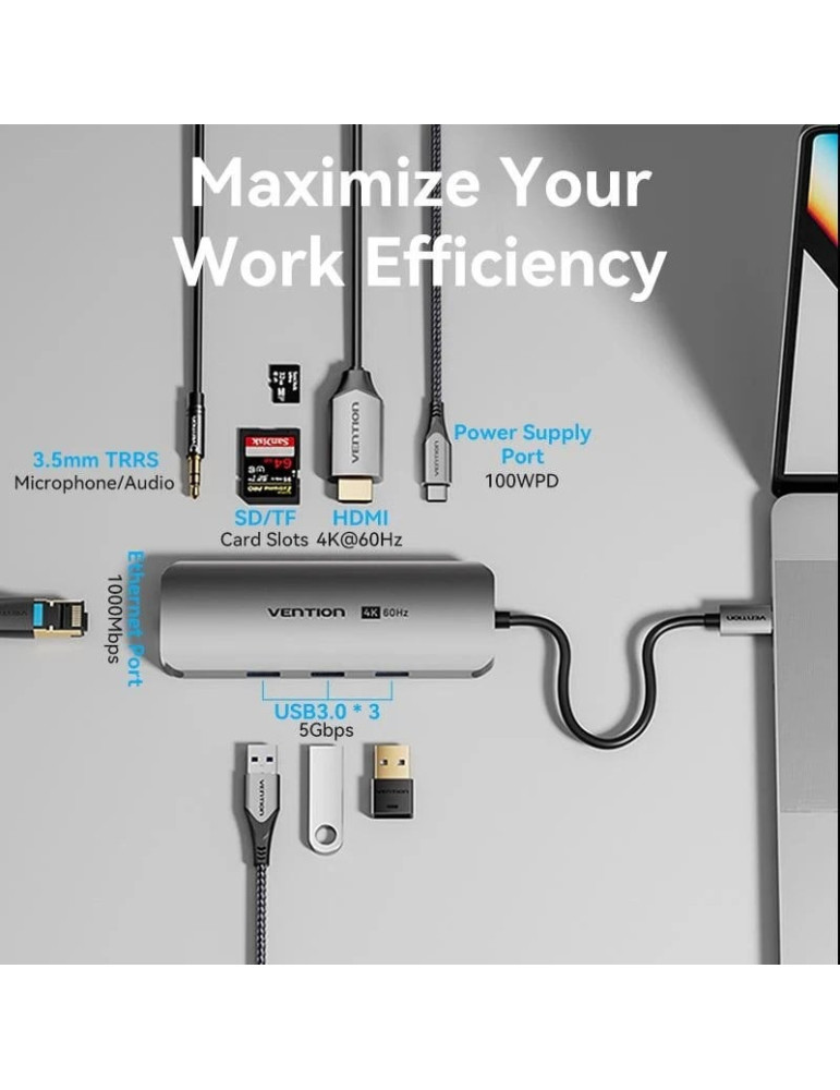 Docking USB Tipo-C Vention TQLHB/ 1xHDMI 4K/ 3xUSB/ 1xUSB Tipo-C PD/ 1xRJ45/ 1xJack 3.5mm/ 1xLector de Tarjetas/ Gris