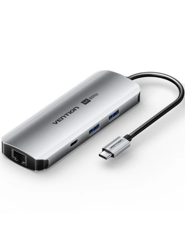 Docking USB Tipo-C Vention TQMHB/ 1xHDMI 4K/ 2xUSB/ 1xUSB Tipo-C/ 1xJack 3.5mm / 1xRJ45/ 1xUSB Tipo-C PD/ 1xLector Tarjetas/ Gri