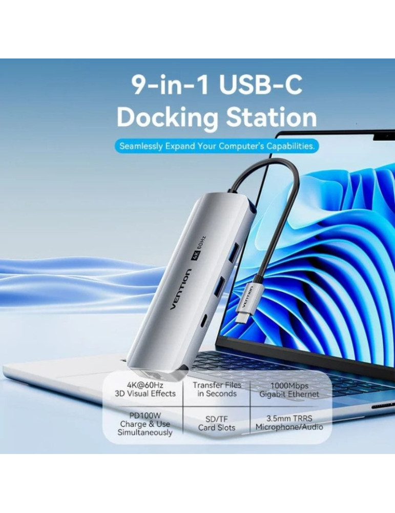 Docking USB Tipo-C Vention TQMHB/ 1xHDMI 4K/ 2xUSB/ 1xUSB Tipo-C/ 1xJack 3.5mm / 1xRJ45/ 1xUSB Tipo-C PD/ 1xLector Tarjetas/ Gri