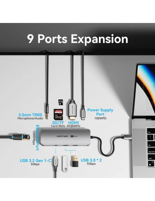 Docking USB Tipo-C Vention TQMHB/ 1xHDMI 4K/ 2xUSB/ 1xUSB Tipo-C/ 1xJack 3.5mm / 1xRJ45/ 1xUSB Tipo-C PD/ 1xLector Tarjetas/ Gri
