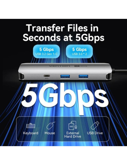 Docking USB Tipo-C Vention TQMHB/ 1xHDMI 4K/ 2xUSB/ 1xUSB Tipo-C/ 1xJack 3.5mm / 1xRJ45/ 1xUSB Tipo-C PD/ 1xLector Tarjetas/ Gri
