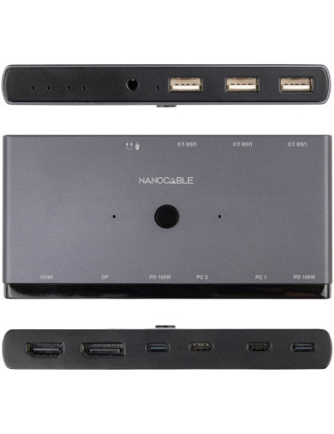 Switch Conmutador 8K Nanocable 10.12.0003/ 1x HDMI/ 1x DisplayPort/ 3x USB/ 2x USB Tipo-C/ 1x Jack 3.5mm/ 2x USB Tipo-C PD 2