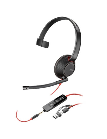 Auricular Poly Blackwire 5210 + Adaptador USB-C/A/ con Micrófono/ Jack 3.5mm/ Negro