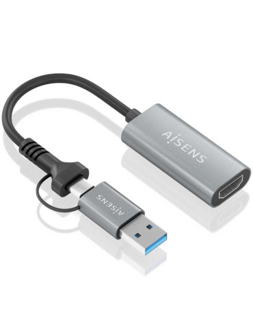 Conversor HDMI Aisens A109-0913/ USB + USB Tipo-C 3.1 Macho - HDMI Macho/ 15cm/ Gris