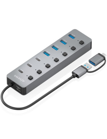 Hub USB Tipo-C + USB 3.1 Aisens ASUC-8P043-GR/ 4xUSB/ 3xUSB Tipo-C/ 1xUSB Tipo-C PD/ Gris