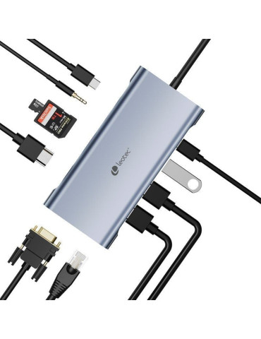Docking USB Tipo-C Leotec LEDS01/ 3xUSB/ 2xUSB Tipo-C/ 1xUSB Tipo-C PD/ 1xHDMI 4K/ 1xVGA/ 1xRJ45/ 1xAudio/ 1xLector Tarjetas SD  2
