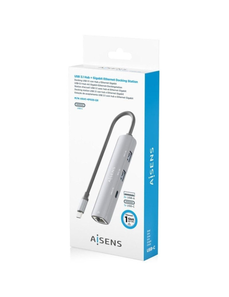 Hub USB Tipo-C Aisens ASUC-4P039-GR/ 1xUSB Tipo-C/ 2xUSB/ 1xRJ45/ Gris