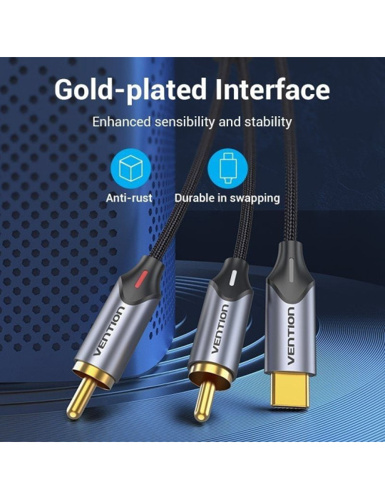 Cable Conversor Vention BGUHF/ 2x RCA Macho - USB Tipo-C Macho/ 1m/ Gris