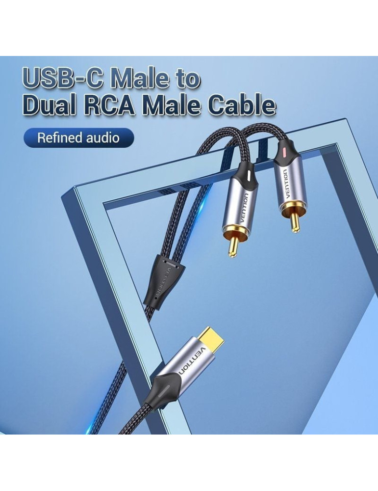 Cable Conversor Vention BGUHF/ 2x RCA Macho - USB Tipo-C Macho/ 1m/ Gris