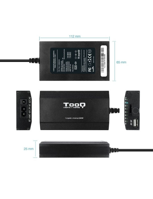 Cargador de Portátil TooQ TQLC-100BS01M/ 1xUSB/ 100W/ Manual/ 12 Conectores/ Voltaje 12-24V