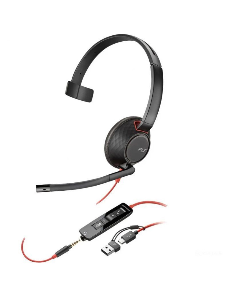 Auricular Poly Blackwire 5210 + 3.5 mm + Adaptador USB-C/A/ con Micrófono/ Jack 3.5 - USB Tipo-C/ Jack 3.5 - USB Tipo-C/ Bulk/ N