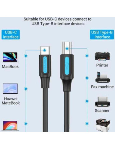 Cable USB 2.0 Impresora Vention CQUBF/ USB Tipo-B Macho - USB Tipo-C Macho/ 480Mbps/ 1m/ Negro 2