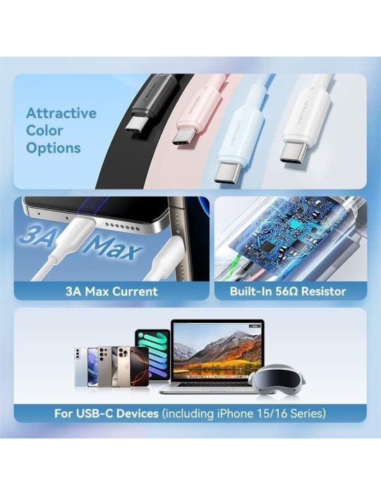 Cable USB 2.0 Tipo-C Vention CTQWH/ USB Tipo-C Macho - USB Macho/ Hasta 60W/ 480Mbps/ 2m/ Blanco