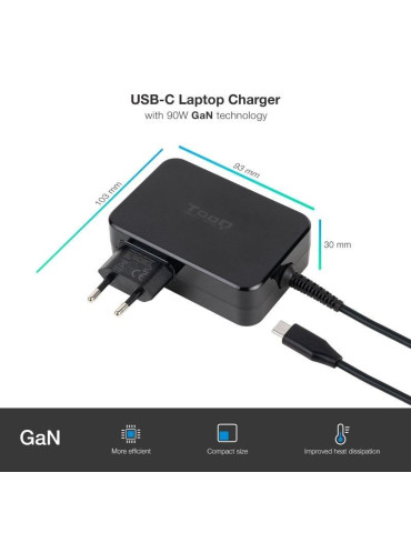 Cargador de Portátil GaN TooQ TQLC-USBCGAN90PD/ 1xUSB Tipo-C/ 90W/ Automático/ Voltaje 5-20V 2
