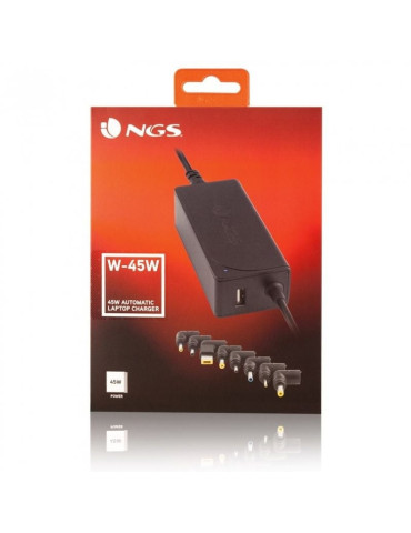 Cargador de Portátil NGS W-45W/ 1xUSB/ 45W/ Automático/ 8 Conectores/ Voltaje 19-20V 2
