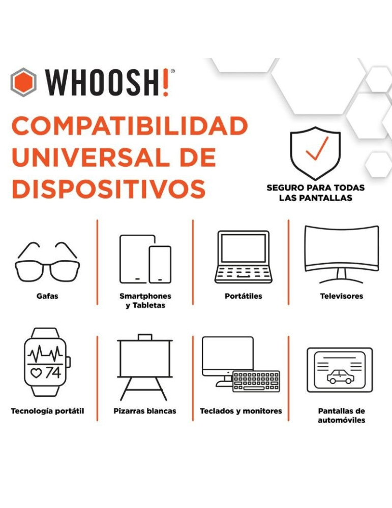 Kit Toallitas Whoosh WSH006 para Limpieza de Pantallas/ Pack de 70 unidades + Paño Microfibra