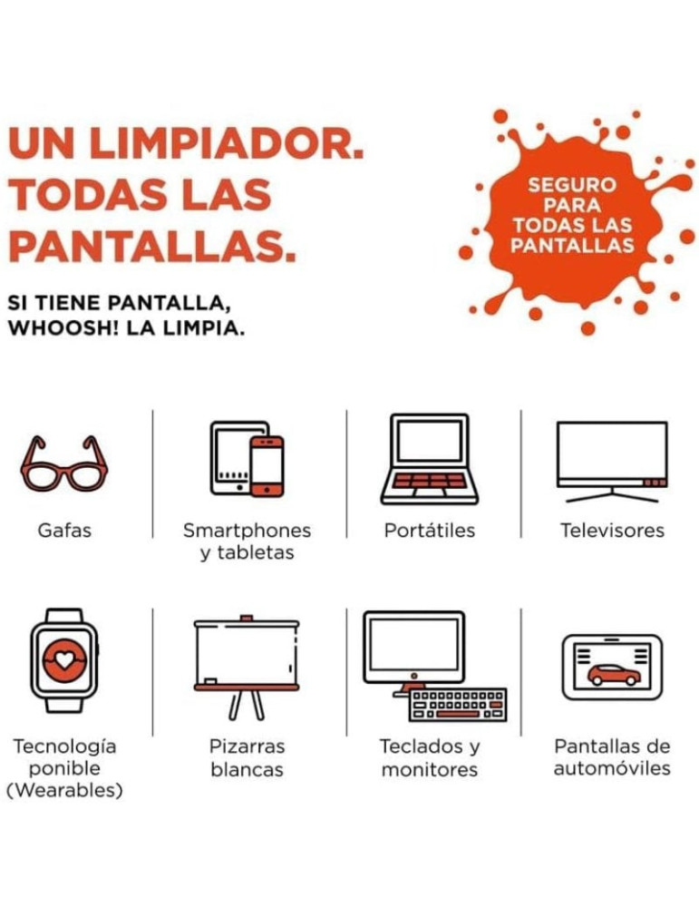 Kit Limpiador de Pantallas Whoosh Kit GO XL WSH003/ Spray 100ml + Paño Microfibra