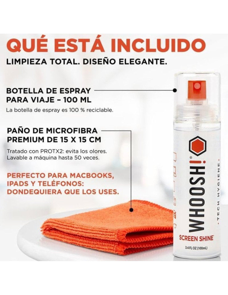 Kit Limpiador de Pantallas Whoosh Kit GO XL WSH003/ Spray 100ml + Paño Microfibra