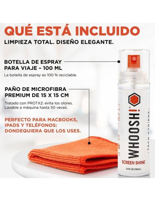 Kit Limpiador de Pantallas Whoosh Kit GO XL WSH003/ Spray 100ml + Paño Microfibra