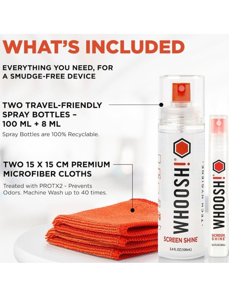 Kit Limpiador de Pantallas Whoosh Kit DUO WSH004/ Spray 100ml + Spray 8ml + 2 Paños Microfibra