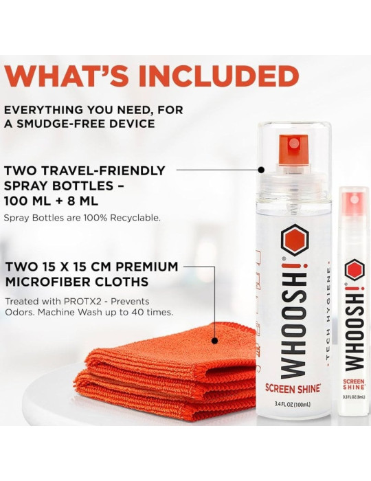 Kit Limpiador de Pantallas Whoosh Kit DUO WSH004/ Spray 100ml + Spray 8ml + 2 Paños Microfibra