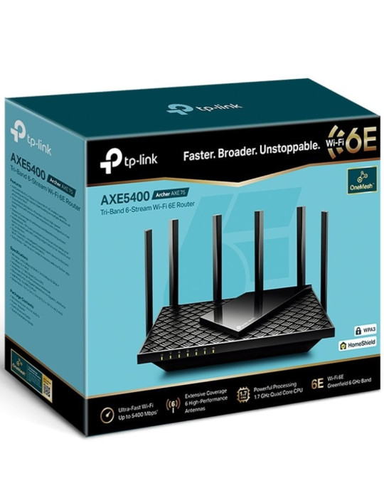 Router Inalámbrico TP-Link Archer AXE75/ WiFi 6E/ 5400 Mbps/ 2.4GHz 5GHz 6GHz/ 6 Antenas/ WiFi 802.11ax/ac/n/a/ - n/b/g