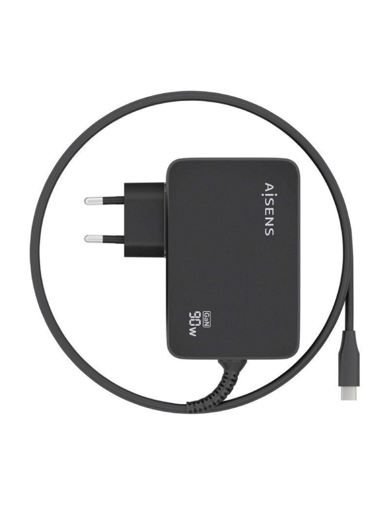 Cargador de Portátil GaN Aisens ASCH-1PD90WL034-BK/ 1xUSB Tipo-C + Cable 1.8m/ 90W/ Automático/ Voltaje 5-20V