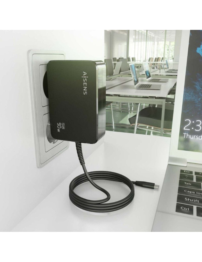 Cargador de Portátil GaN Aisens ASCH-1PD90WL034-BK/ 1xUSB Tipo-C + Cable 1.8m/ 90W/ Automático/ Voltaje 5-20V