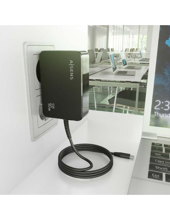 Cargador de Portátil GaN Aisens ASCH-1PD90WL034-BK/ 1xUSB Tipo-C + Cable 1.8m/ 90W/ Automático/ Voltaje 5-20V