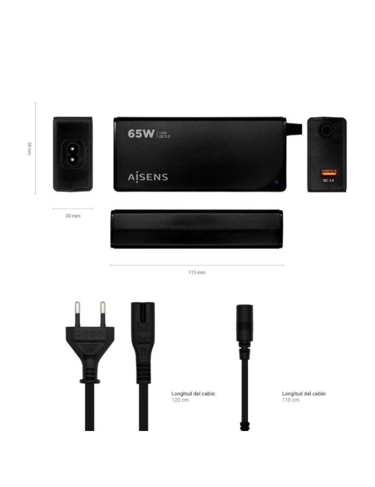 Cargador de Portátil Aisens ASLC-65WAUTO-BK/ 65W/ 1xUSB QC3.0/ Automático/ 9 Conectores/ Voltaje 18.5-20V