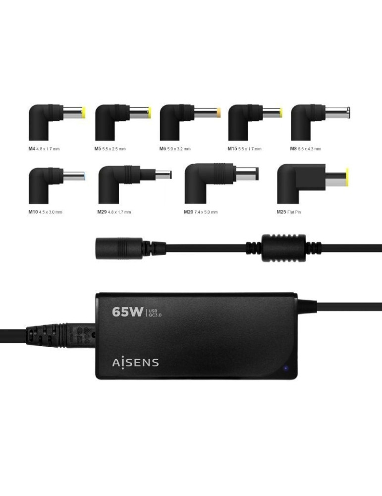 Cargador de Portátil Aisens ASLC-65WAUTO-BK/ 65W/ 1xUSB QC3.0/ Automático/ 9 Conectores/ Voltaje 18.5-20V