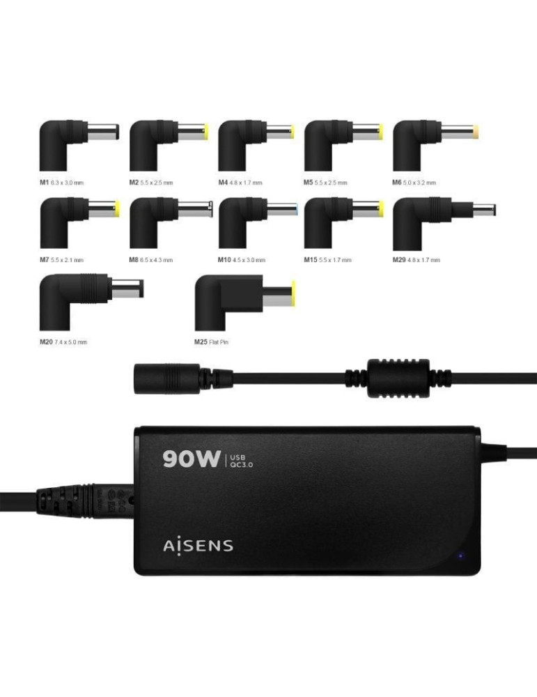 Cargador de Portátil Aisens ASLC-90WAUTO-BK/ 1xUSB/ 90W/ Automático/ 12 Conectores/ Voltaje 15-20V