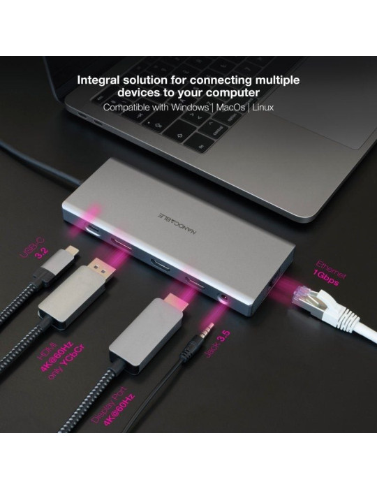Docking Tipo-C Nanocable 10.16.4612/ 3xUSB/ 1xUSB Tipo-C/ 2xHDMI 4K/ 1xDisplayPort/ 1xRJ45/ 1xLector tarjetas/ 1xJack 3.5/ 1xUSB