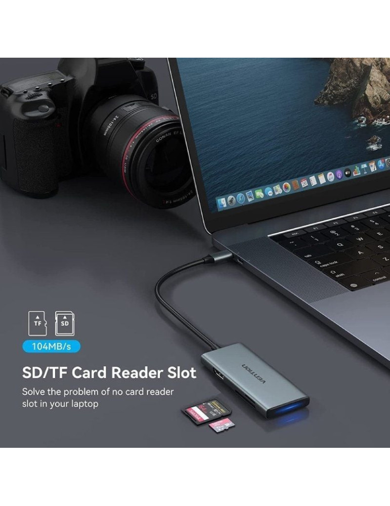 Docking USB Tipo-C Vention TOPHB/ 1xHDMI/ 3xUSB/ 1xLector Tarjetas SD y MicroSD/ Gris