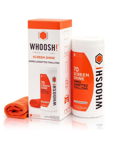 Kit Toallitas Whoosh WSH006 para Limpieza de Pantallas/ Pack de 70 unidades + Paño Microfibra