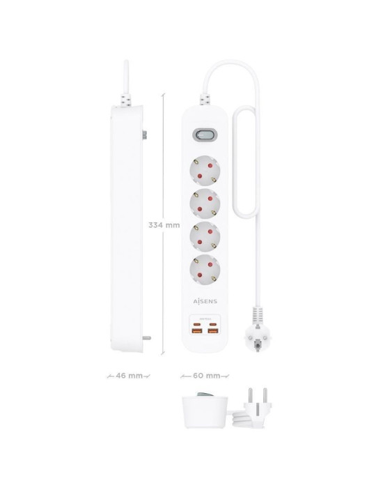 Regleta con Interruptor Aisens ASPS-2A2C12-W/ 4 Tomas de Corriente/ 2 USB - 2 USB Tipo-C/ Cable 1.4m/ Blanco