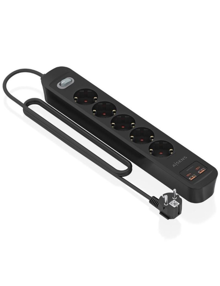 Regleta con Interruptor Aisens ASPS-2A2C15-BK/ 5 Tomas de Corriente/ 2 USB - 2 USB Tipo-C/ Cable 1.4m/ Negro