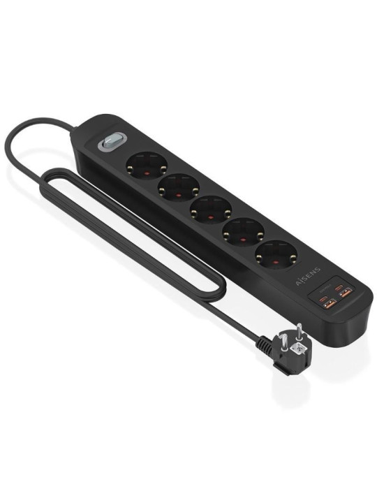 Regleta con Interruptor Aisens ASPS-2A2C15-BK/ 5 Tomas de Corriente/ 2 USB - 2 USB Tipo-C/ Cable 1.4m/ Negro
