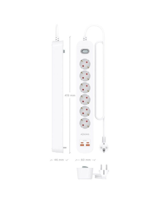 Regleta con Interruptor Aisens ASPS-2A2C16-W/ 6 Tomas de Corriente/ 2 USB - 2 USB Tipo-C/ Cable 1.4m/ Blanco