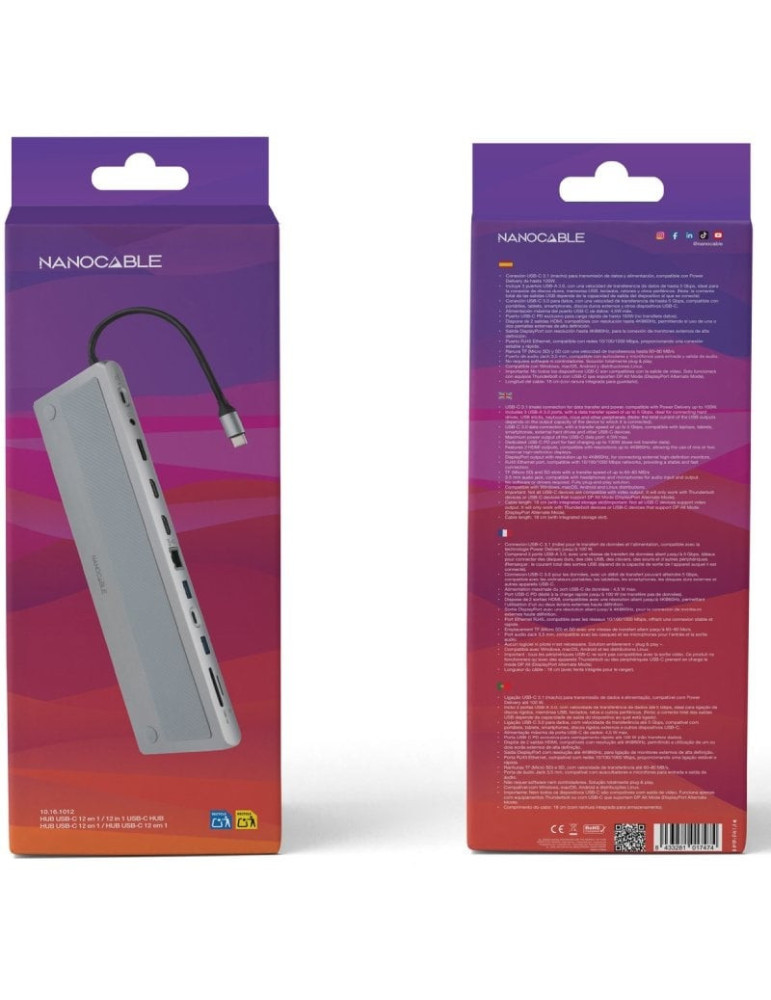 Docking Tipo-C Nanocable 10.16.1012/ 3xUSB/ 1xUSB Tipo-C/ 2xHDMI 4K/ 1xDisplayPort/ 1xRJ45/ 1xLector tarjetas/ 1xJack 3.5/ 1xUSB