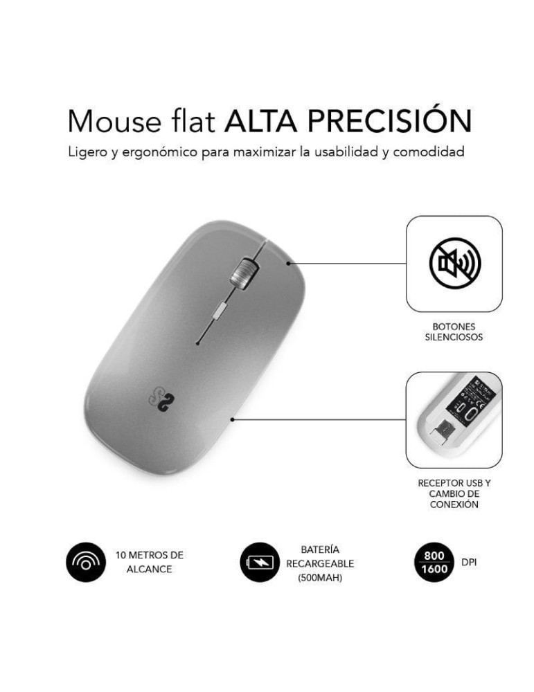 Ratón Inalámbrico Subblim Dual Flat/ Batería recargable/ Hasta 1600 DPI/ Plata