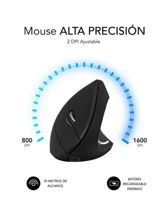 Ratón Vertical Inalámbrico Subblim Glide Vertical Ergo Dual Battery/ Batería Recargable/ Hasta 1600 DPI/ Negro