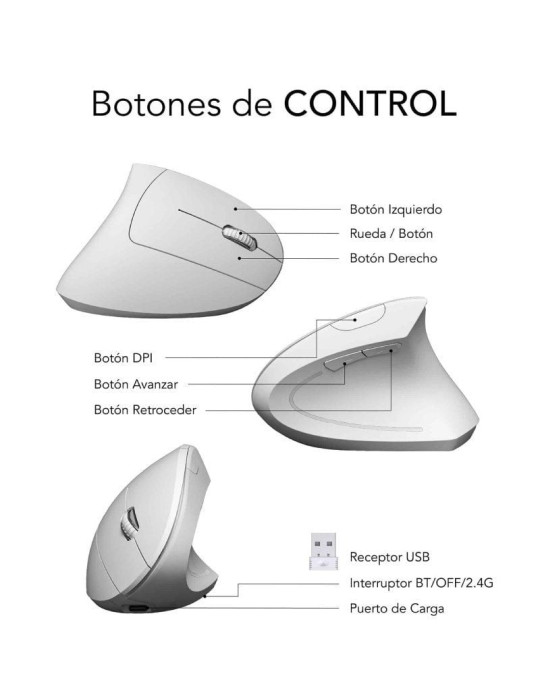 Ratón Vertical Inalámbrico Subblim Glide Vertical Ergo Dual Battery/ Batería Recargable/ Hasta 1600 DPI/ Blanco