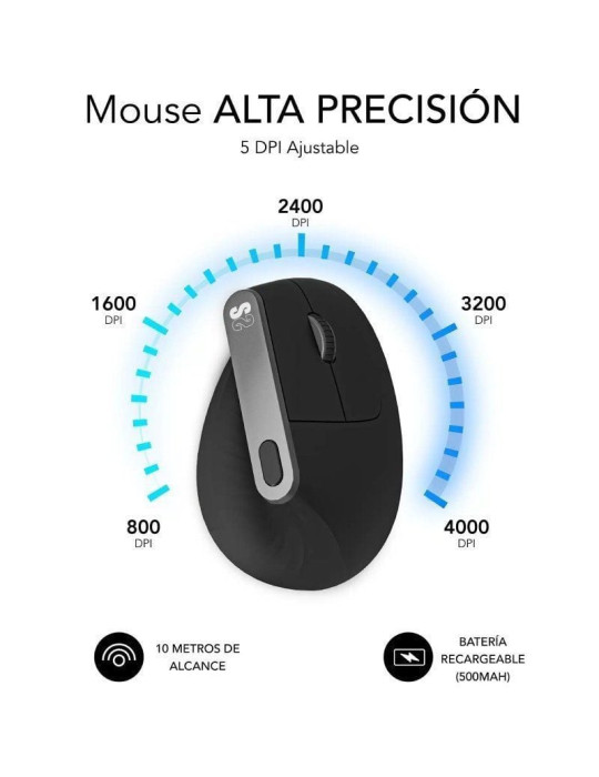 Ratón Ergonómico Inalámbrico Subblim Nature Vertical Ergo Dual Battery/ Batería Recargable/ Hasta 4000 DPI/ Negro