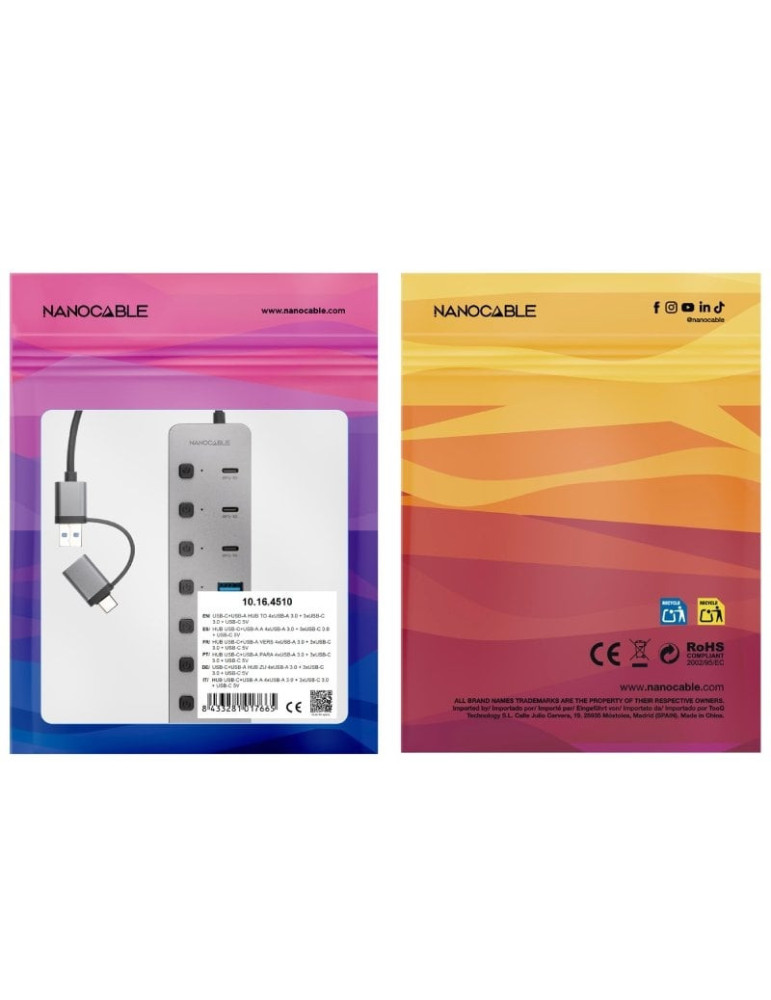 Hub USB + USB Tipo-C Nanocable 10.16.4510/ 4xUSB/ 3xUSB Tipo-C/ 1xUSB Tipo-C PD/ Gris