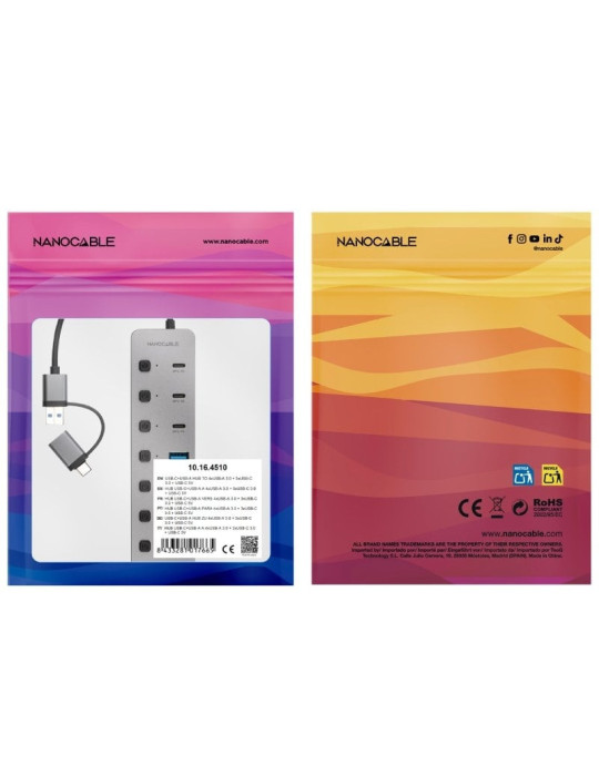 Hub USB + USB Tipo-C Nanocable 10.16.4510/ 4xUSB/ 3xUSB Tipo-C/ 1xUSB Tipo-C PD/ Gris