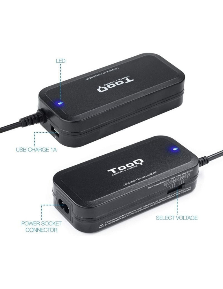 Cargador de Portátil TooQ TQLC-90BS02M/ 1xUSB/ 90W/ Manual/ 12 Conectores/ Voltaje 15-24V